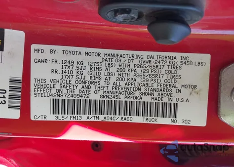 2007 Toyota Tacoma Base V6 from USA, damaged, VIN 5TELU42N87Z409472